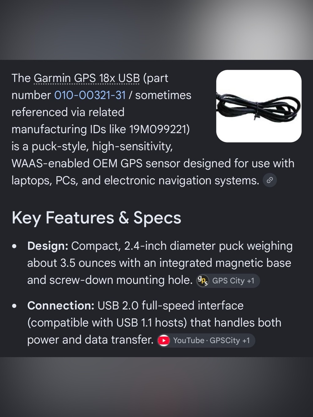 garmin GPS 18x USB Receiver - Black and Silver Cable